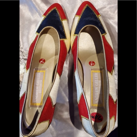 Andrew Geller Red Black and White formal shoes & handbag w/strap set - Picture 2 of 16